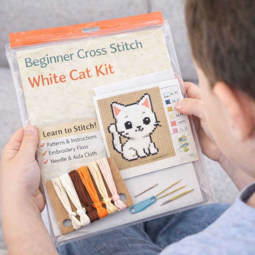 White kitty beginner counted cross stitch kit with finished cat design in embroidery hoop, floss, Aida fabric, and pattern chart.