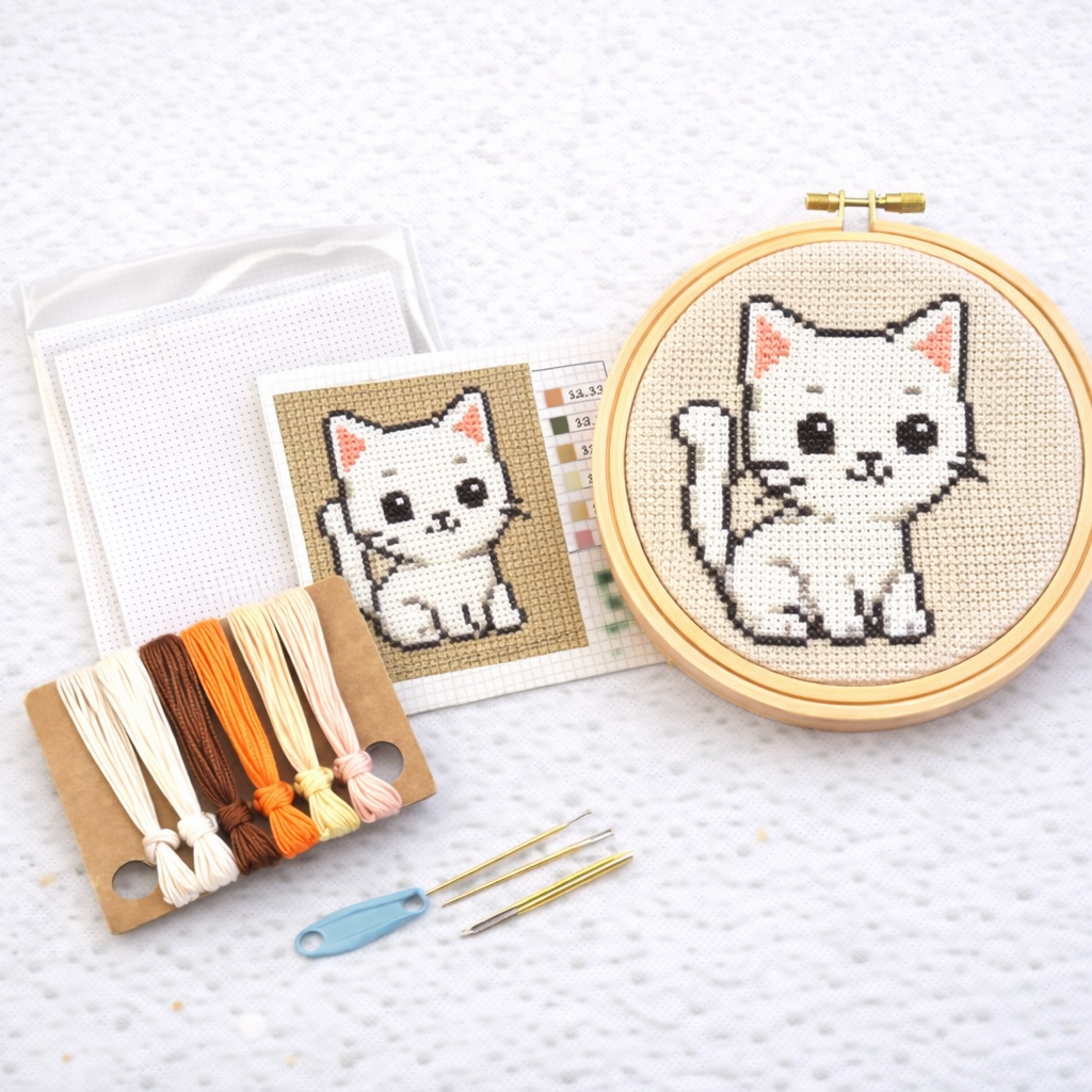 Cross-stitch kit with a completed design of a white cat on a light background