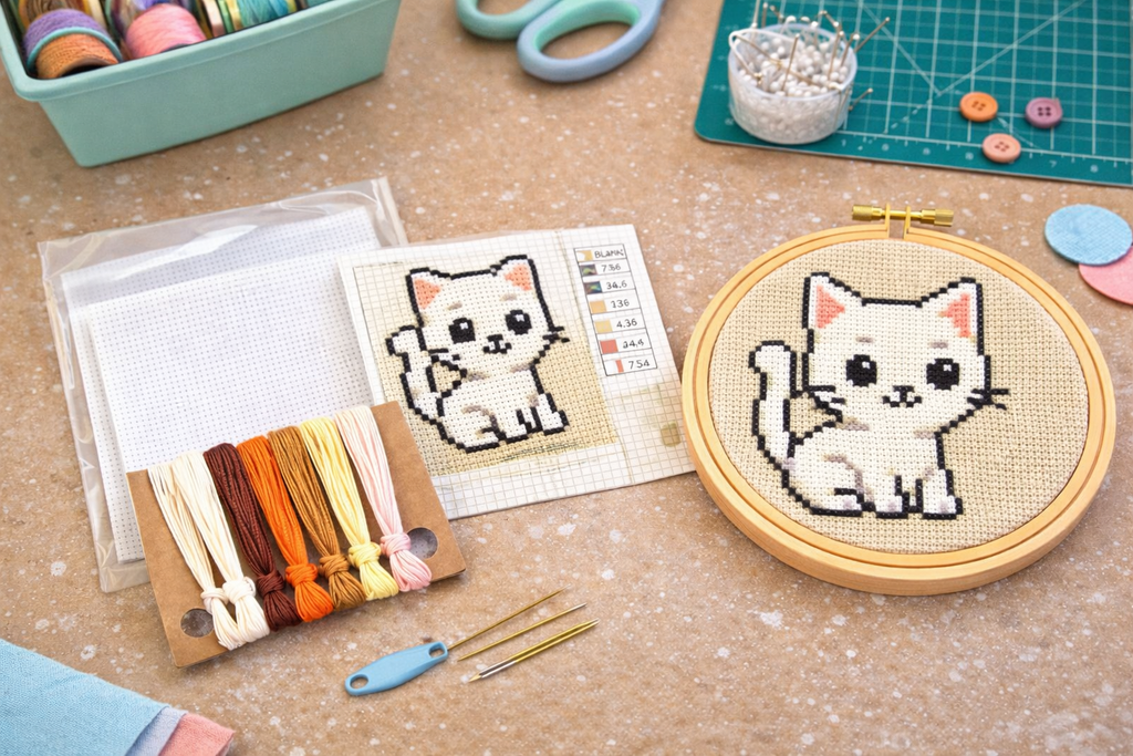 White Kitty Cross Stitch Kit – Beginner Counted Cross Stitch Kit