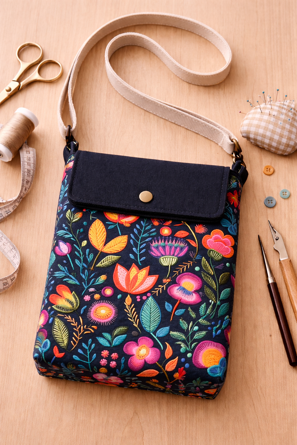 Embroidered Flower fabric print pre-cutbag making kit