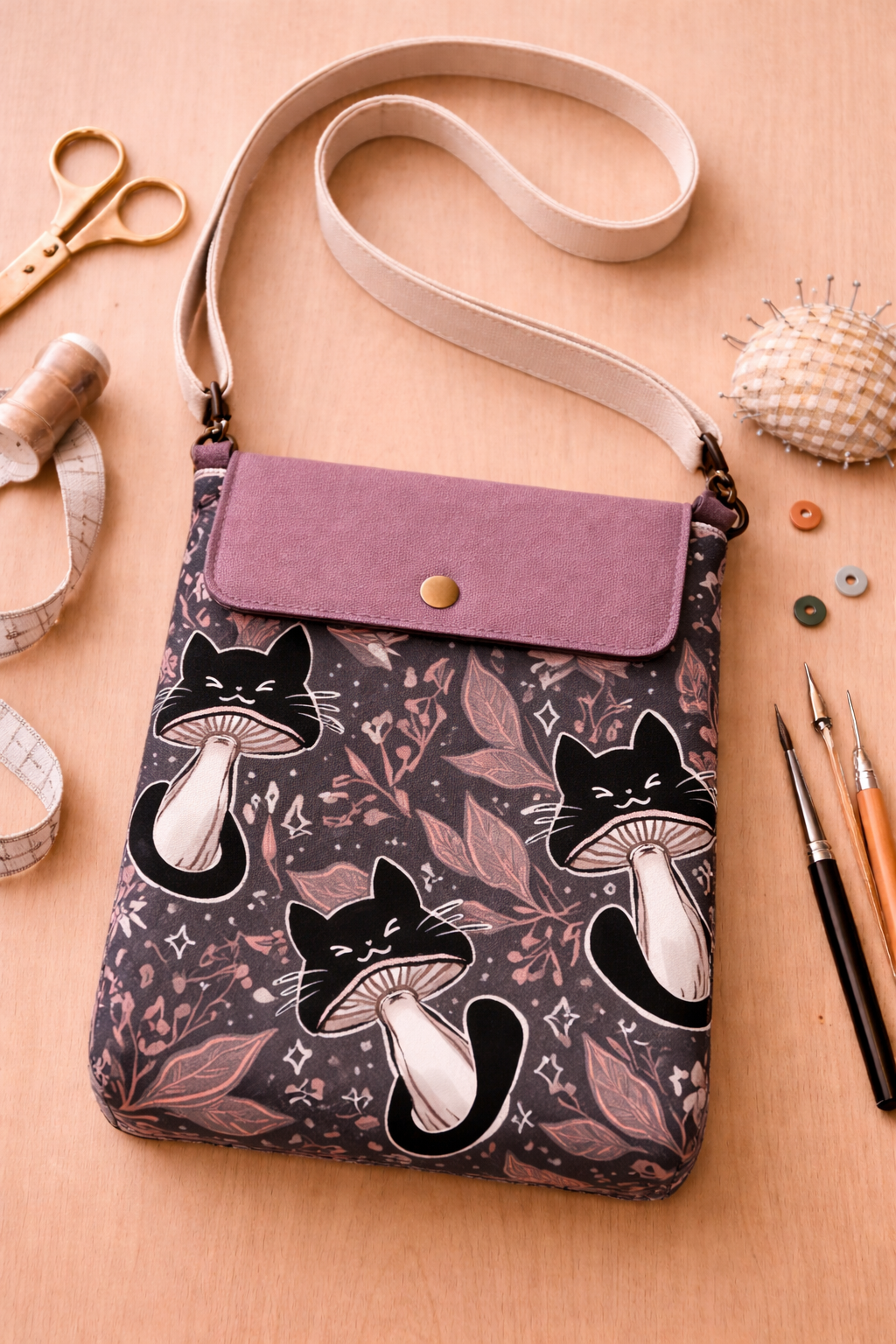 Cats and Mushroom Meowshroom fabric print pre-cutbag making kit