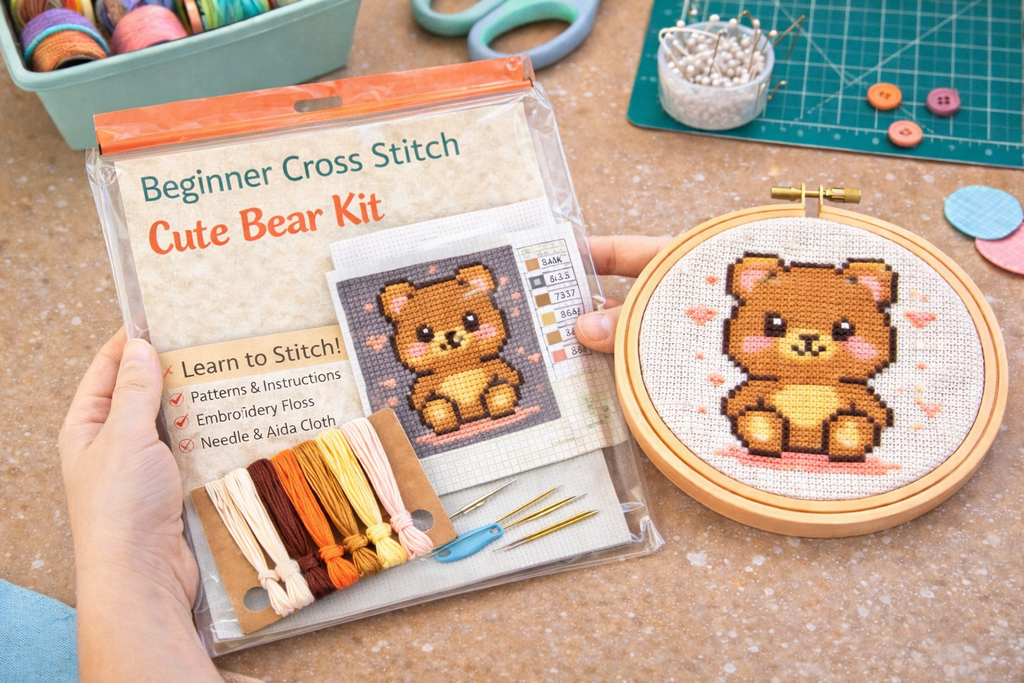 Cute Teddy Bear Cross Stitch Kit – Beginner Counted Cross Stitch Kit