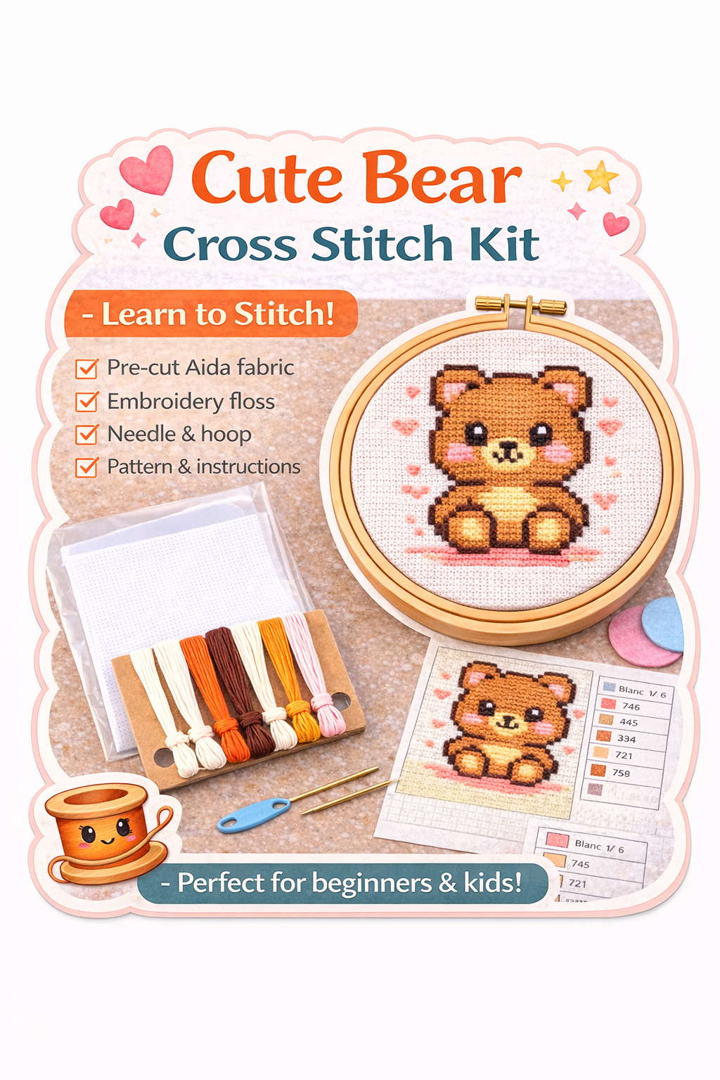 Cute teddy bear beginner counted cross stitch kit with finished design in embroidery hoop, embroidery floss, Aida fabric, and pattern chart.