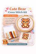 Cute teddy bear beginner counted cross stitch kit with finished design in embroidery hoop, embroidery floss, Aida fabric, and pattern chart.