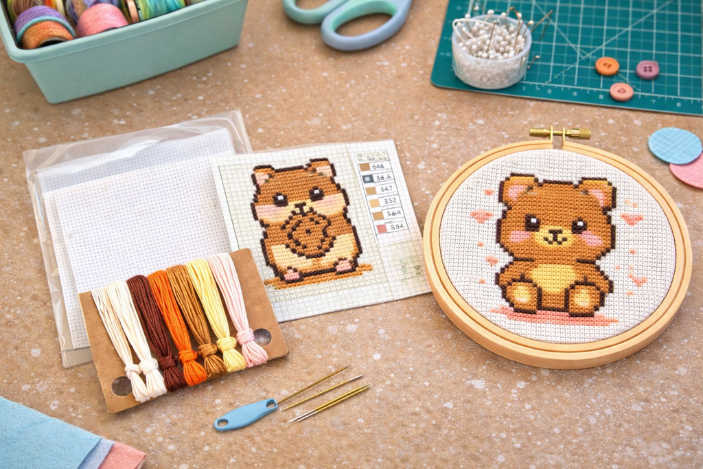 Cute teddy bear beginner counted cross stitch kit with finished design in embroidery hoop, embroidery floss, Aida fabric, and pattern chart.