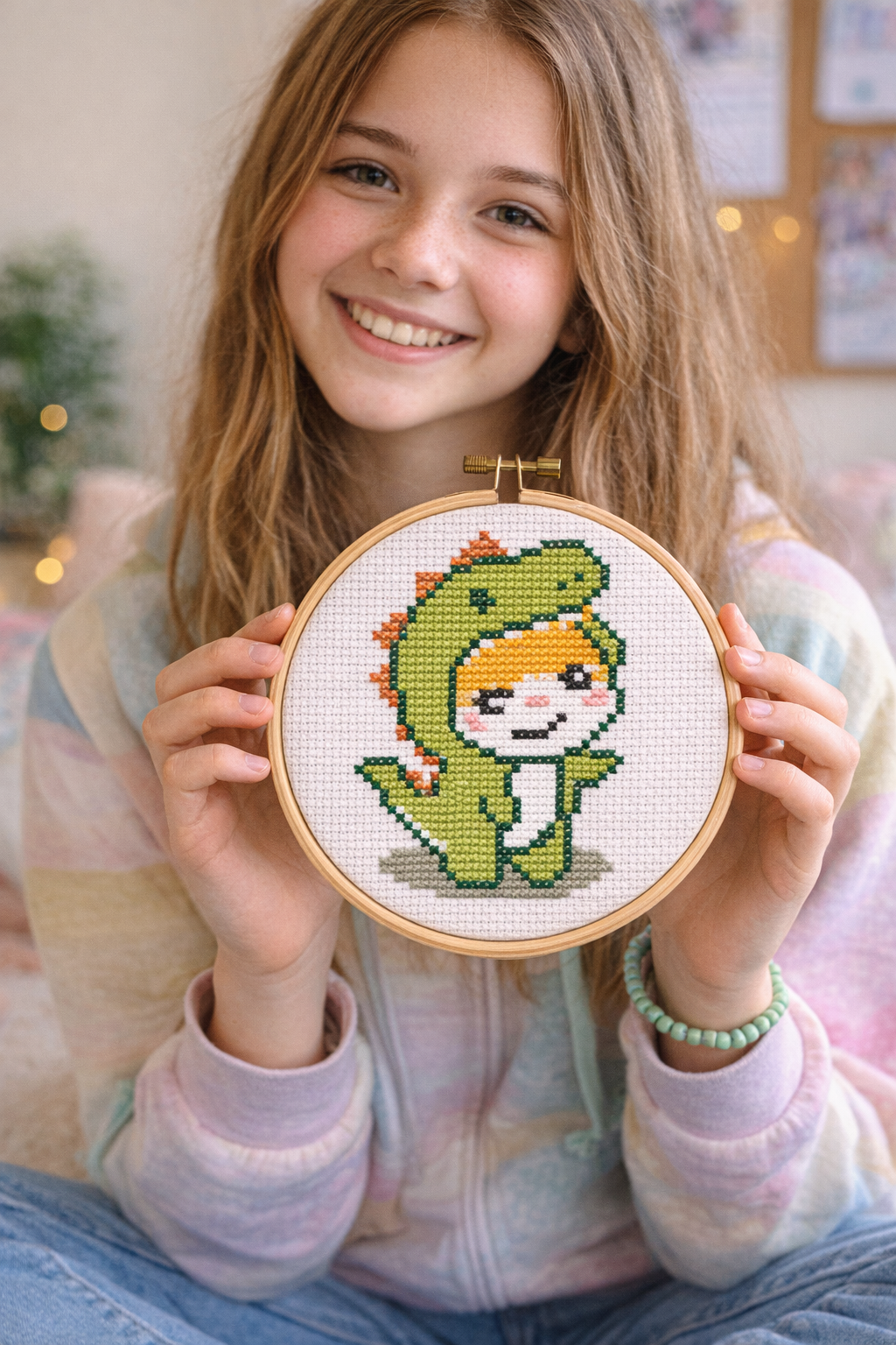 Dino Kitty Cross Stitch Kit – Beginner Counted Cross Stitch Kit