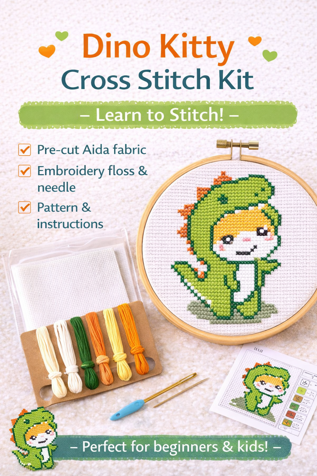 Dino Kitty Cross Stitch Kit – Beginner Counted Cross Stitch Kit