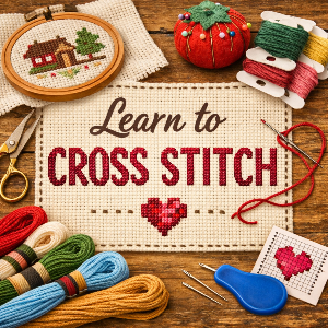 Cross stitch kit with text 'Learn to Cross Stitch' on a wooden surface.