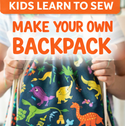 Beginner sewing kit for kids to make a drawstring backpack with pre-cut fabric and step-by-step instructions.
