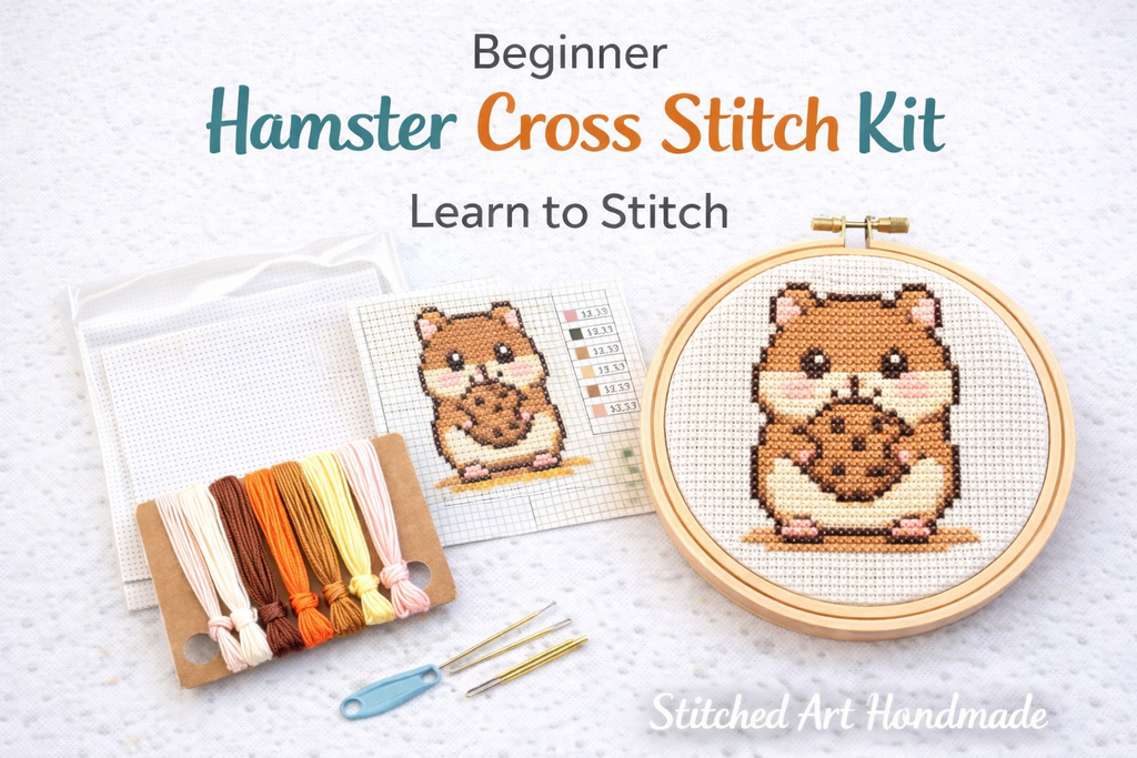 Cute hamster counted cross stitch kit with finished design in embroidery hoop, Aida fabric, floss, and beginner pattern.