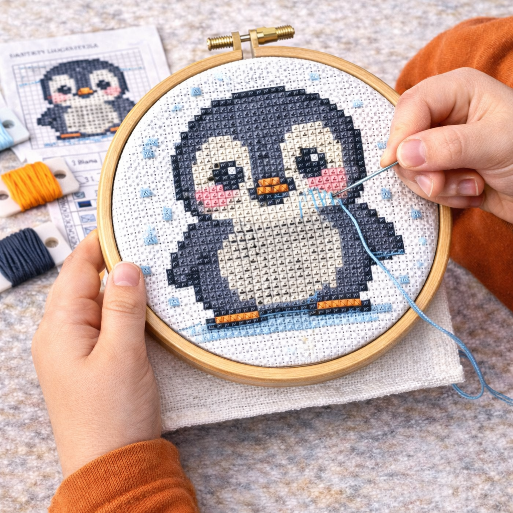 Cute Penguin Cross Stitch Kit – Beginner Counted Cross Stitch Kit