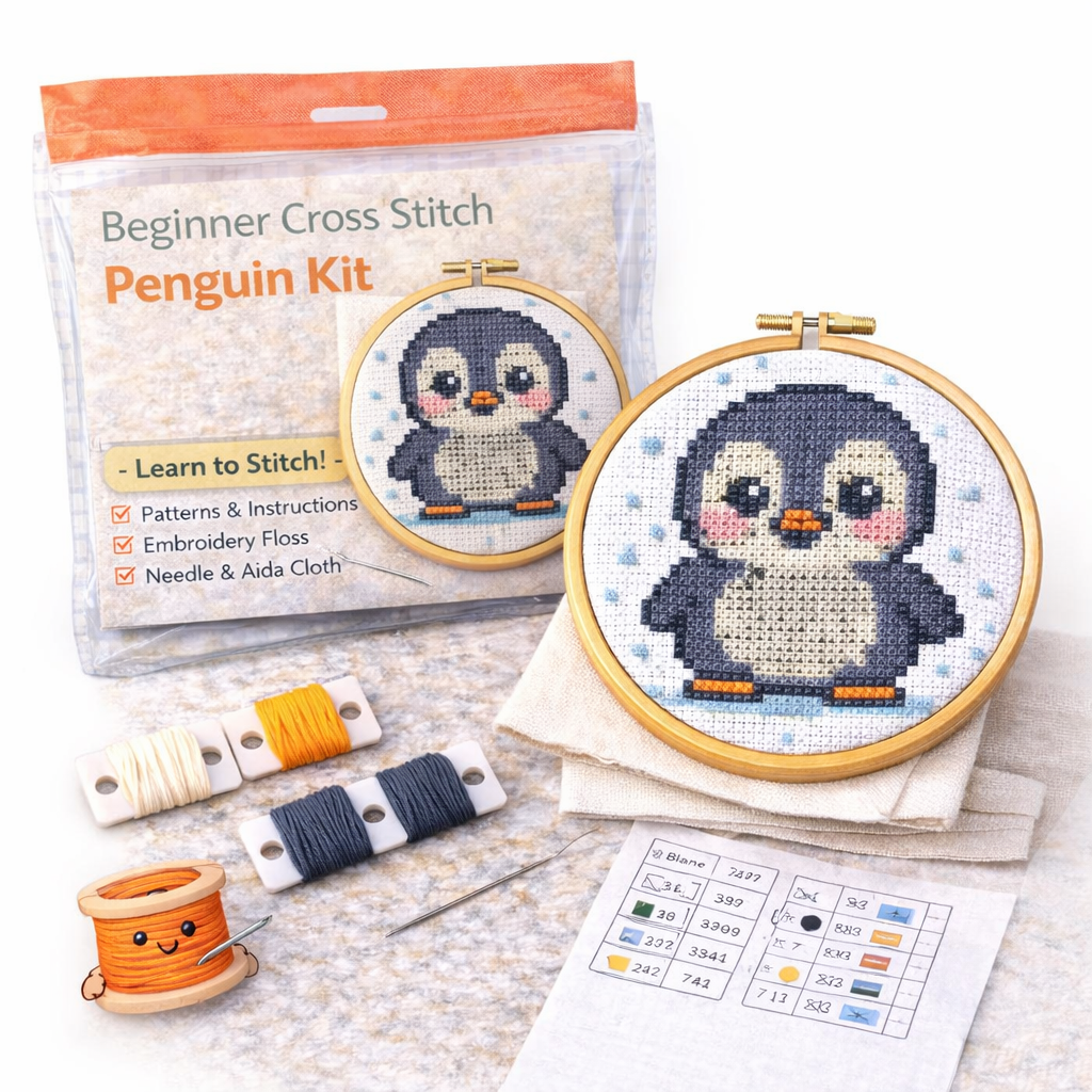 Cute Penguin Cross Stitch Kit – Beginner Counted Cross Stitch Kit