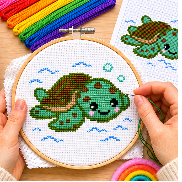 Sea Turtle Learn to Cross Stitch Kit – Stamped Kit