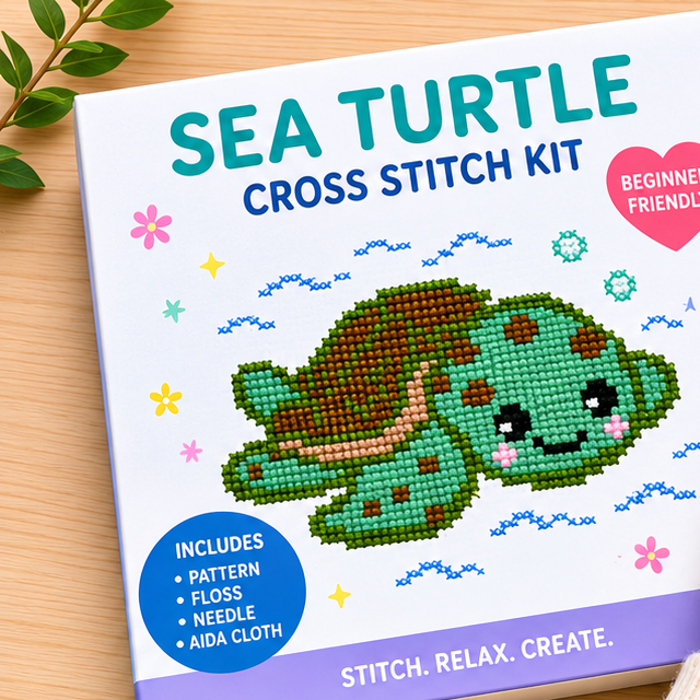 Sea Turtle Learn to Cross Stitch Kit – Stamped Kit