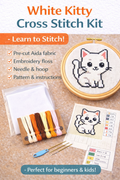 White kitty beginner counted cross stitch kit with finished cat design in embroidery hoop, floss, Aida fabric, and pattern chart.