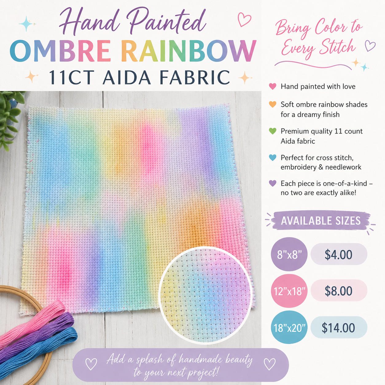 Hand Painted Ombre Rainbow 11ct Aida Fabric | Pastel Cross Stitch Fabric | Hand Dyed Embroidery Cloth | Rainbow Needlework Fabric