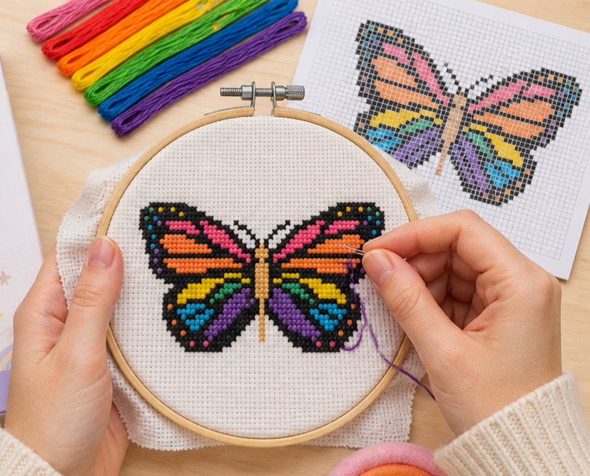 Rainbow Butterfly Learn to Cross Stitch Kit – Stamped Kit
