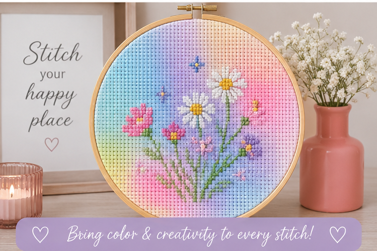 Hand Painted Ombre Rainbow 11ct Aida Fabric | Pastel Cross Stitch Fabric | Hand Dyed Embroidery Cloth | Rainbow Needlework Fabric